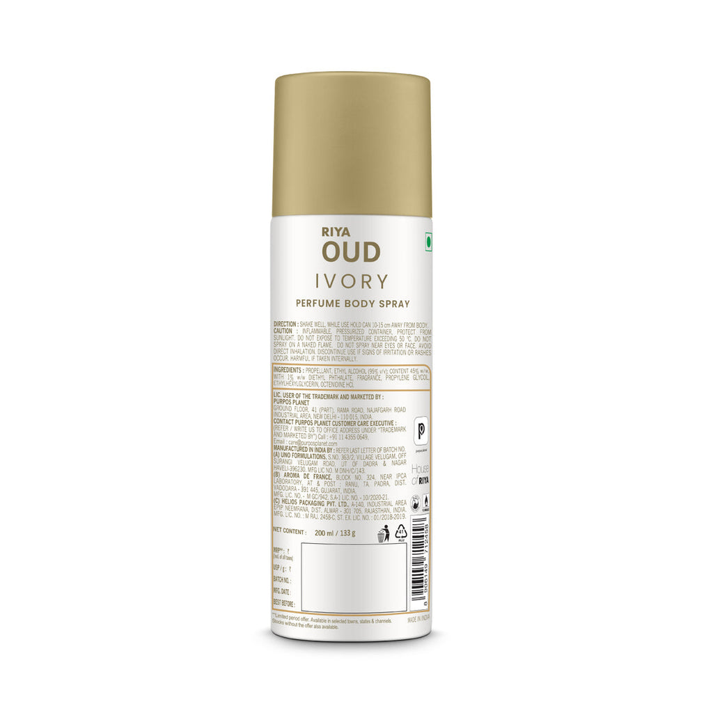 Riya OUD Ivory Deodorant for Unisex | Perfume Body Spray for Men & Women | Warm & Spice Fragrance - 200 ml